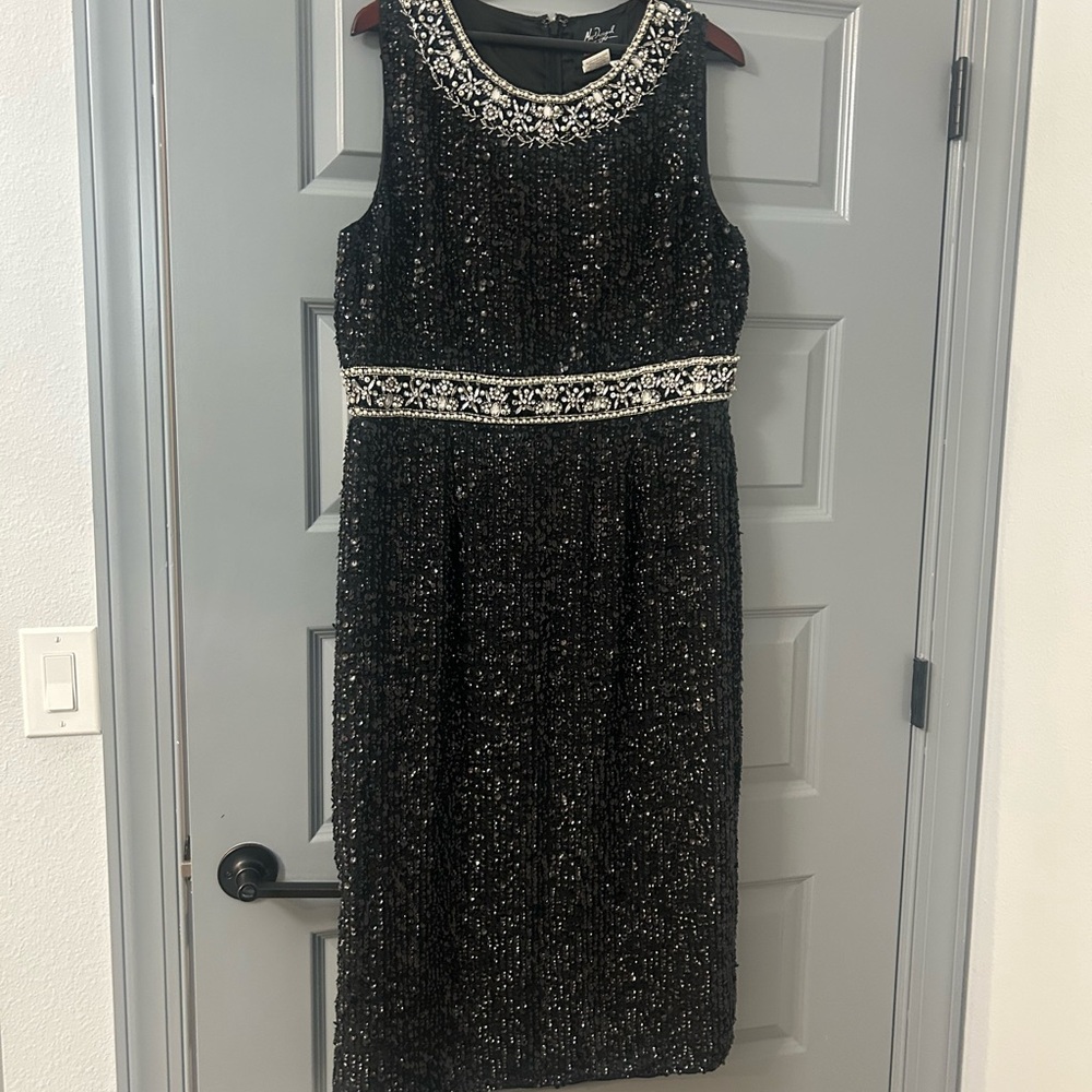 Mac Duggal Black Sequined Jewel Neck Sheath Cocktail Midi Dress Gown 14 prom